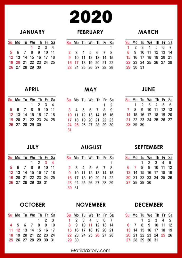 2020 Calendar with Holidays, Printable Free, Red – Sunday Start ...