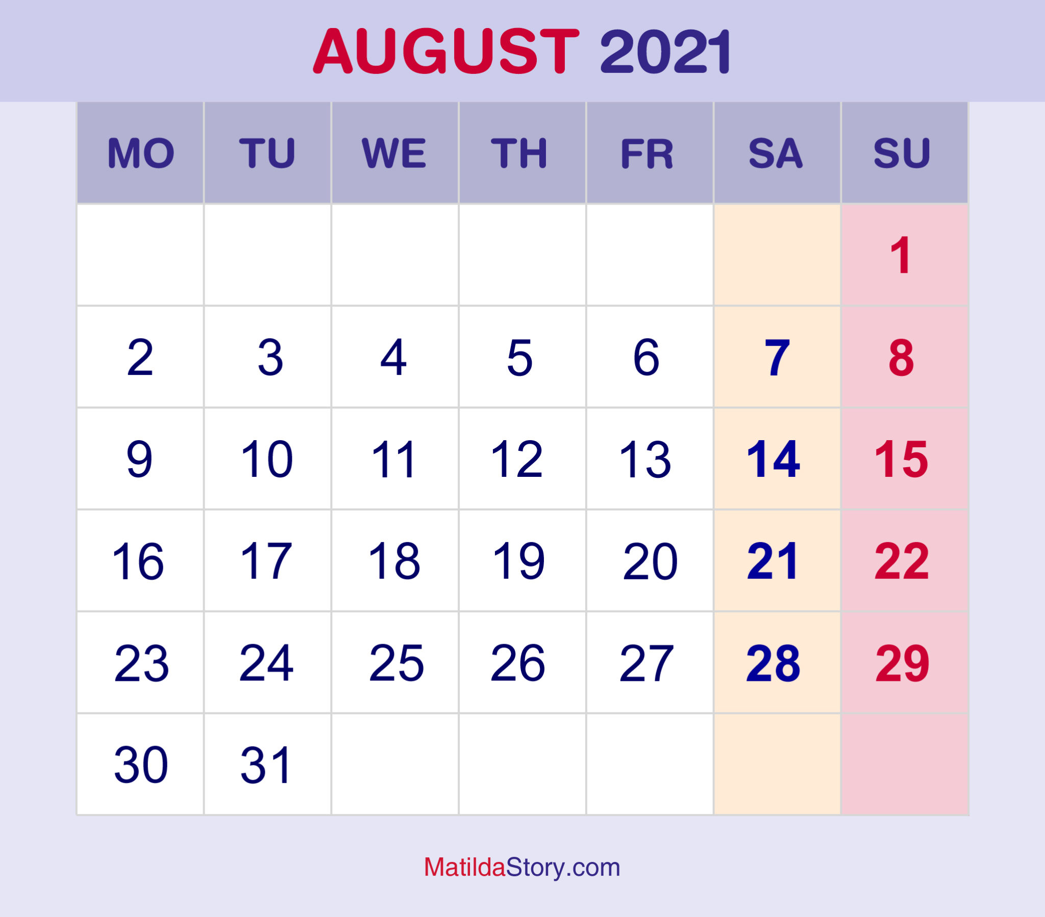 August 2021 Monthly Calendar, Monthly Planner, Printable Free – Monday