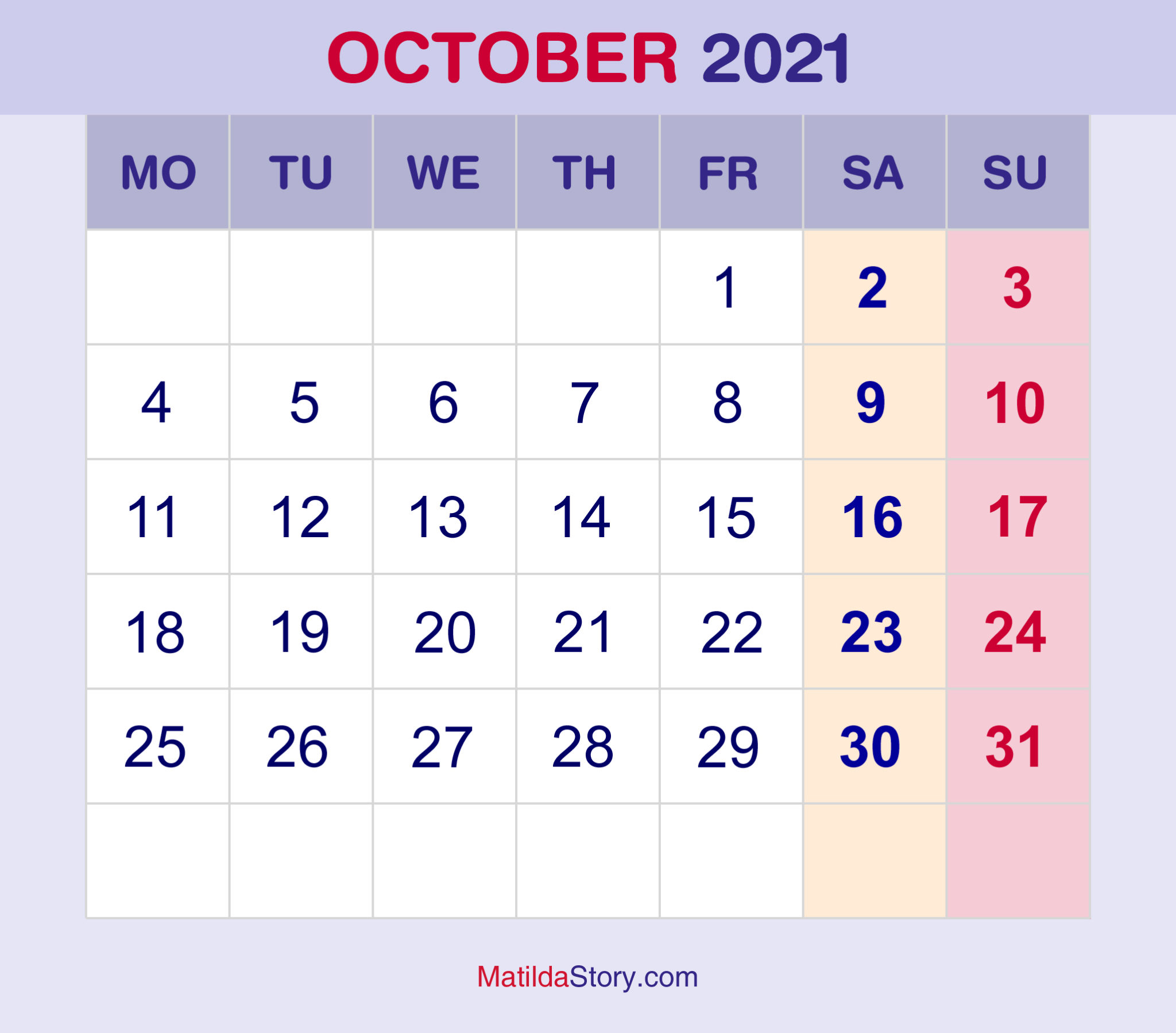 October 2021 Monthly Calendar, Monthly Planner, Printable Free – Monday ...
