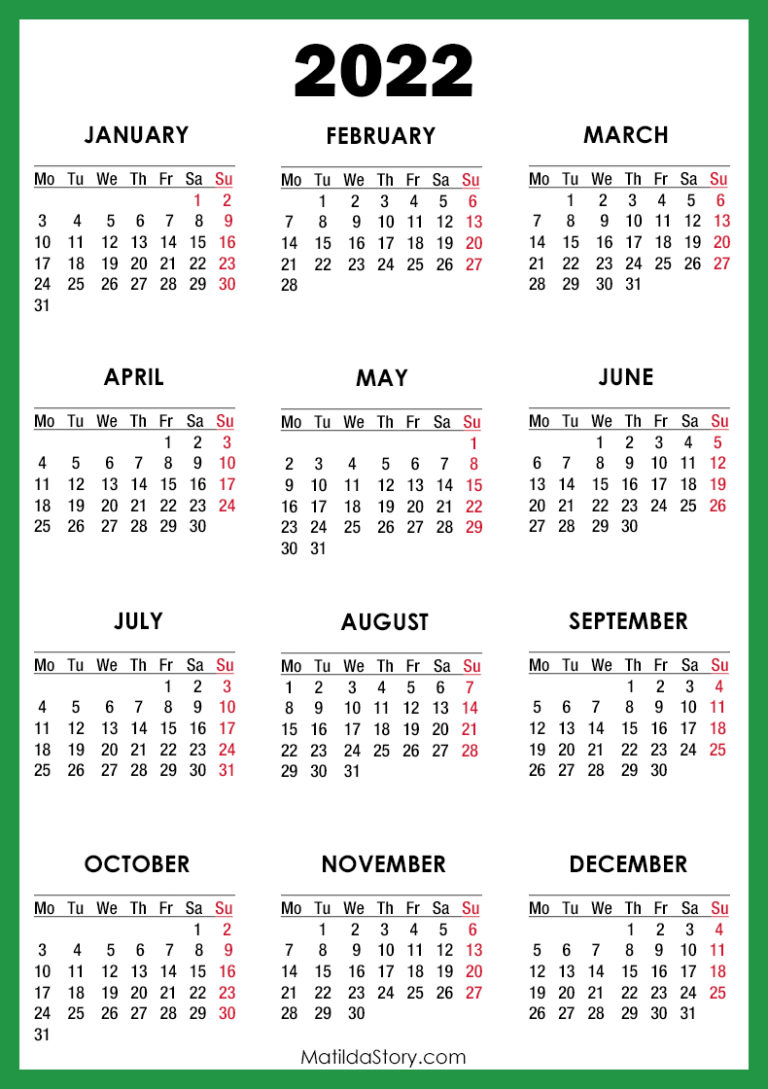 2022 Calendar Printable Free, Green – Monday Start – MatildaStory.com
