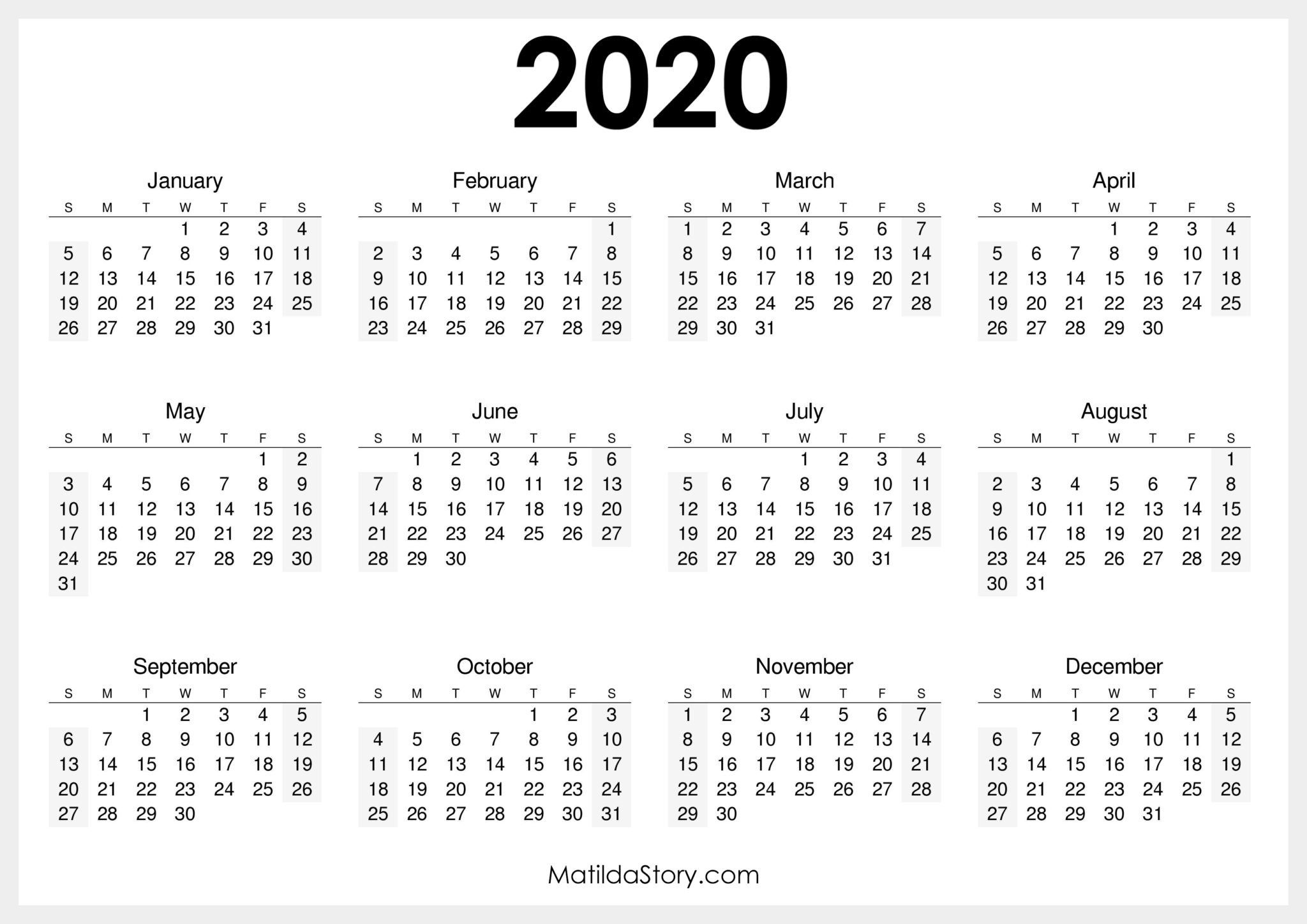 2020 Printable Free Calendar, Horizontal, White – Sunday Start, Hd 
